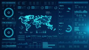 Futuristic Data Dashboard with Global Map, HUD infographic business and financial investment, charts, and analytics for visualizing complex data metrics and trends. - Powered by Shutterstock - Get 15% off with code: PIKWIZARD15