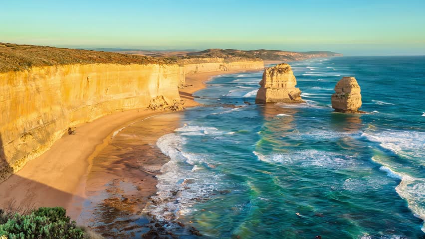 Panorama of Gibson Steps by the Twelve Apostles in Port Campbell National Park on the Great Ocean Road, Victoria state, Australia.