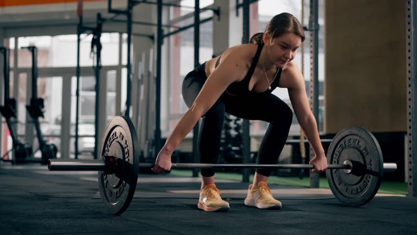 in the gym coach girl in a black top is standing doing exercises with a barbell and weights - Powered by Shutterstock - Get 15% off with code: PIKWIZARD15