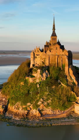 Aerial view of the famous French landmark Abbaye du Mont-Saint-Michel. Normandie. France. Vertical Screen