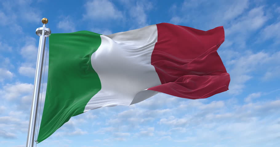 Italy flag with flagpole waving in wind, rolling clouds background looping, 4K video (Perfect Loop)