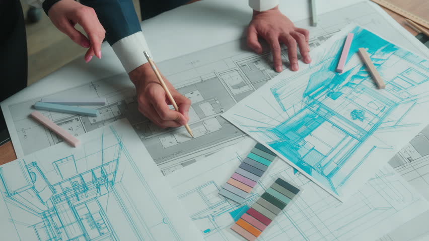 Architecture design project Arabian man architect designer engineer muslim women in hijab talk discuss office interior drawing building floor plan drafting blueprint on paper business team colleagues