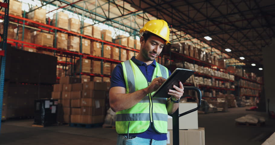 Logistics, tablet and man with boxes for warehouse delivery, courier and inventory management. Industrial worker typing on digital software or cloud storage for supply chain, packaging or e commerce