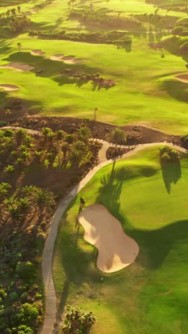Aerial view of a golf club field at sunset on Tenerife Island, Canary Islands, Spain. Golf course on the rocky coast of Tenerife island, picturesque scene with sunset light. Luxury destination scene