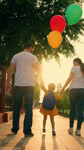 Child jumping and playing skipping joining hands with mother, father in sunset park. Family walk. Parents runs with their child on street in spring. Happy family, birthday party kid, daughter balloons