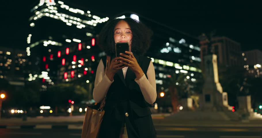 Night, walking and business woman with smartphone in city for communication, social media or networking. Smile, online and happy person with mobile for texting, notification or searching internet
