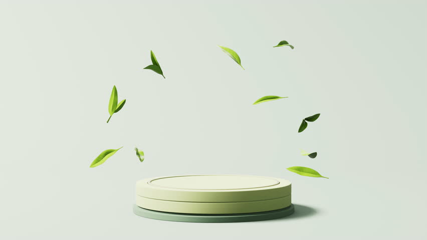 Green natural tea leaves and product stage, 3d rendering. Motion graphic.