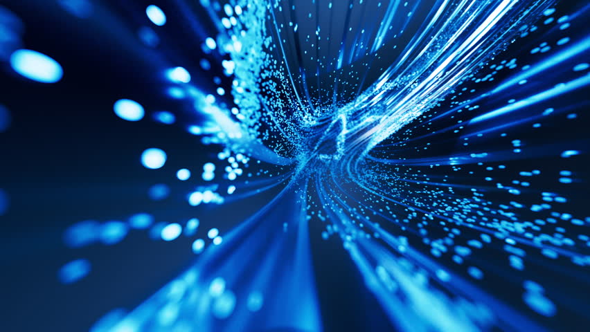 Triangle technology grid tunnel and flowing particles, 3d rendering. Motion graphic.