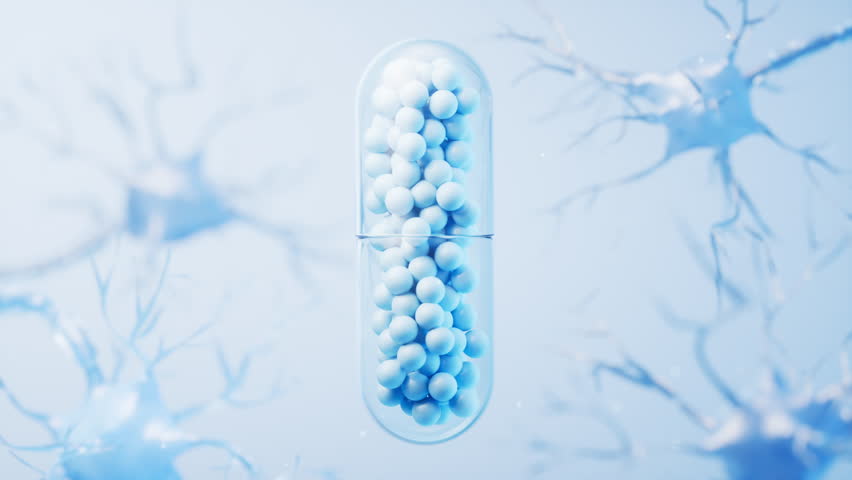 Medical capsule and biology nerve cell background, 3d rendering. Motion graphic.