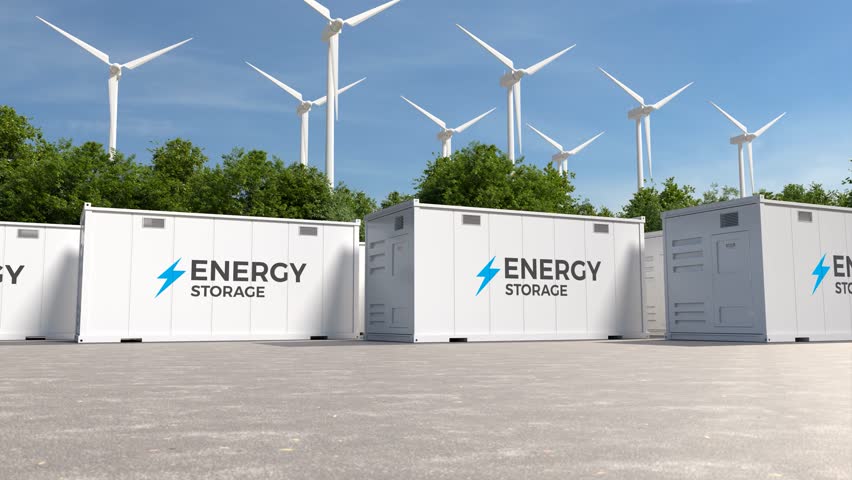 Energy storage systems with wind turbines, Green alternative energy, Net zero emissions concept