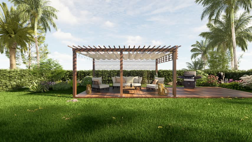 3D render clip of a luxury wooden teak deck with bbq grill and decor furniture. Front view zoom in shot of a wooden pergola in green garden.