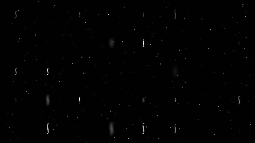 Template animation of evenly spaced integral symbols of different sizes and opacity. Animation of transparency and size. Seamless looped 4k animation on black background with stars
