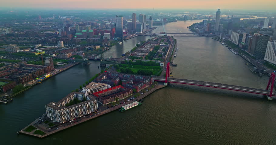 Aerial view of Rotterdam. Noordereiland Island. View of the city center. River Nieuwe Maas. The Netherlands