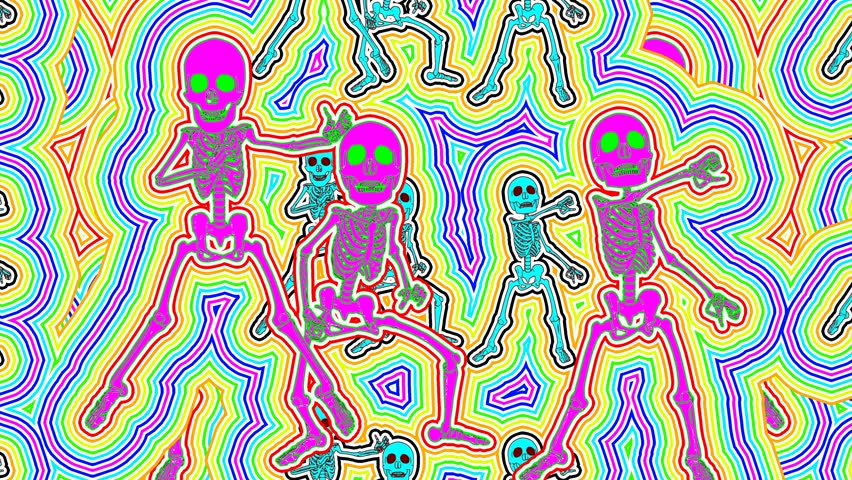 Seamless animation psychedelic skulls painted drawn style cartoon. Hypnotic Halloween background with wave rainbow marker stroke effect