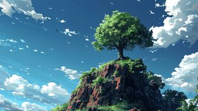 An anime-style tree stands atop a rocky outcrop with clouds in the backdrop - Powered by Shutterstock - Get 15% off with code: PIKWIZARD15