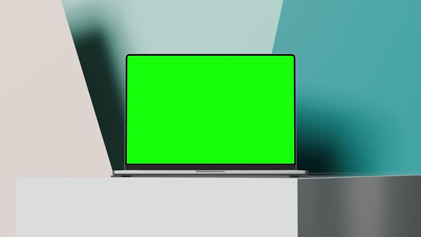 Laptop with a green screen on a white table, smooth zoom in, colorful background. Minimalist and stylish look. Luma Matte an tracking layer included