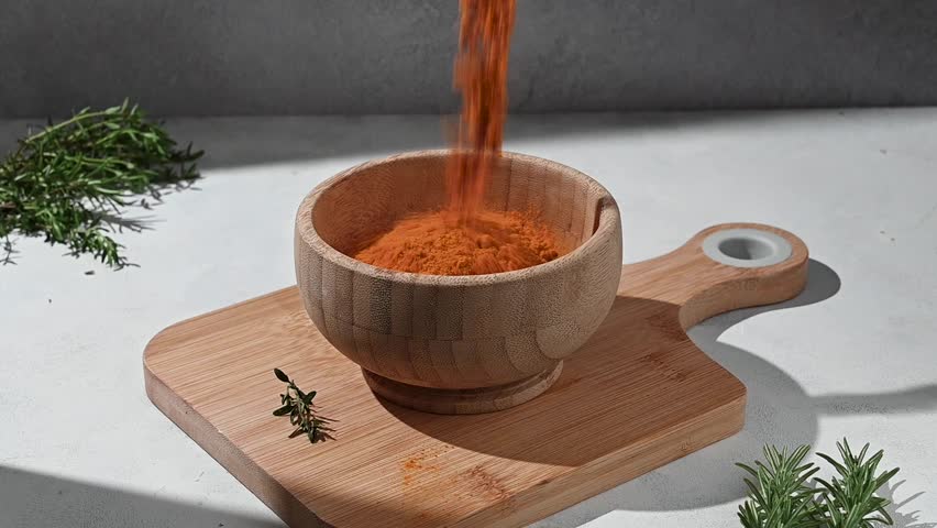 Curcuma Turmeric spice powder ground in a wooden bowl.