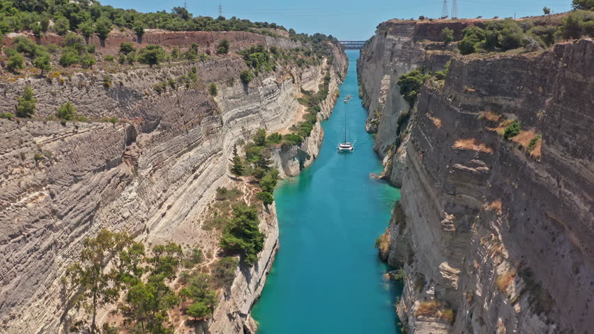 Boats passing Corinth canal in Greece. Greek tourist landmark