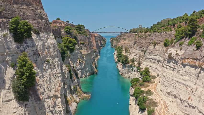 Greece Corinth canal tourist attraction. Flying toward bridge