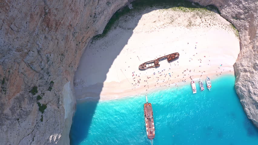 Greece tourist attraction landmark Zakynthos island Shipwreck beach aerial view

