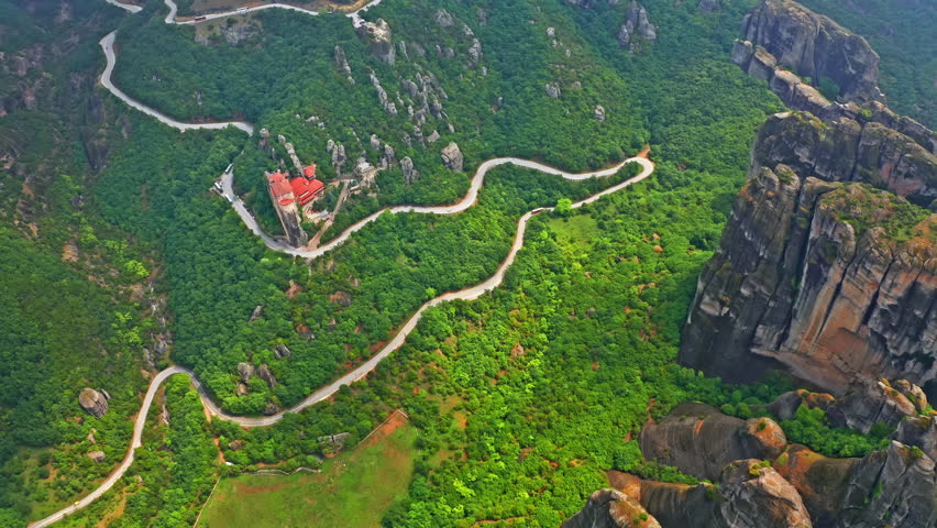 Meteora Greece aerial landscape view. Tourist landmark