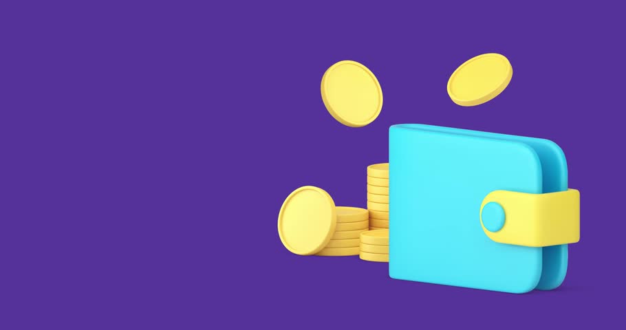 Wallet with golden coin cash money shopping financial banking payment 3d icon animation. Finance economy independence richness profit wealth salary earnings currency abundance
