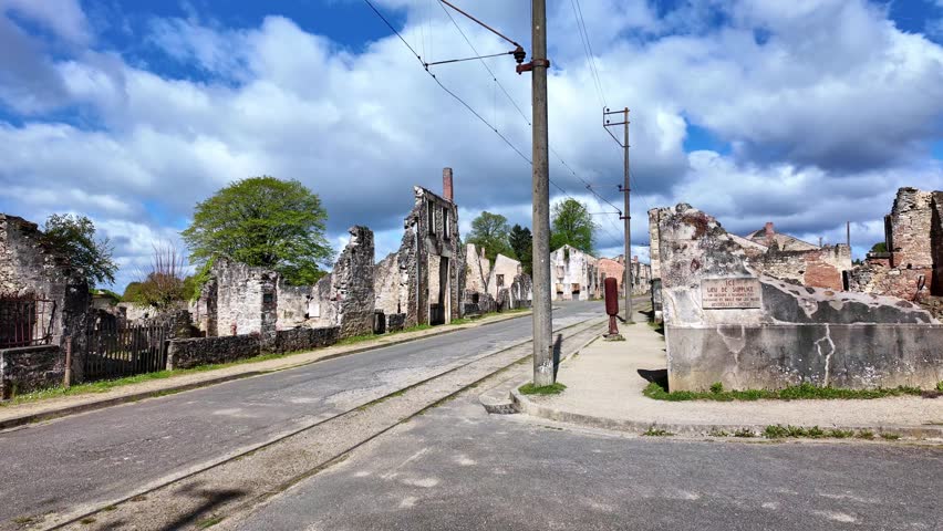 Ruins of Oradour-sur-Glane old village, Haute-Vienne department, New Aquitaine in France. FPV walking