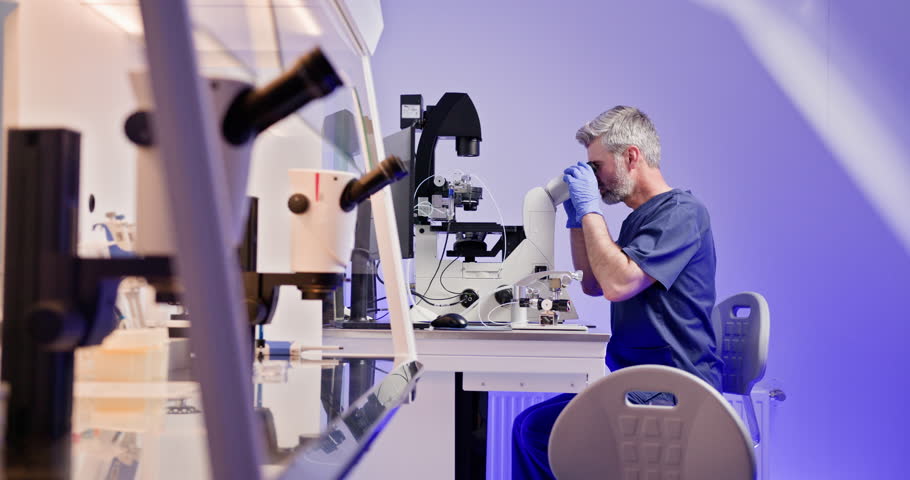 Embryologist performing artificial fertilization of a human egg in a laboratory, using advanced microscope technology. IVF process in a modern lab setting. In vitro fertilization, egg freezing.