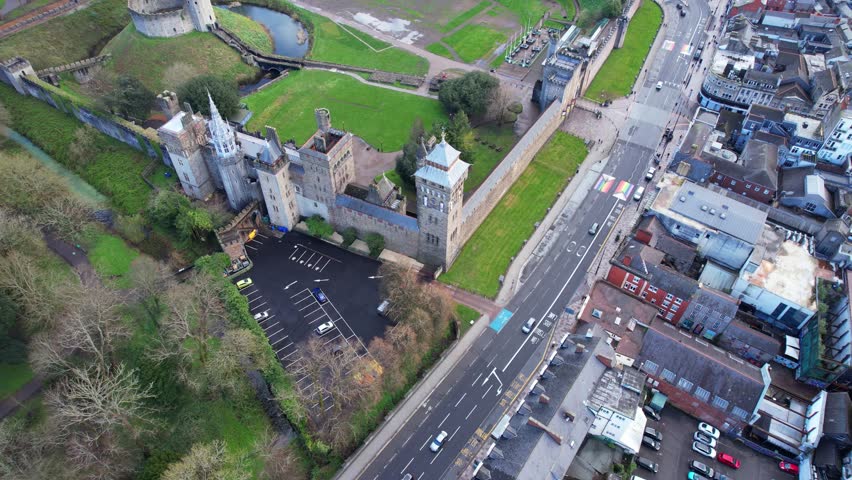 Cardiff medieval castle in the city centre, Wales. Aerial tilt up