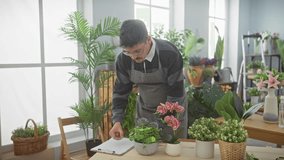 A young hispanic man arranging flowers indoors at a flower shop, exuding a professional and approachable atmosphere. - Powered by Shutterstock - Get 15% off with code: PIKWIZARD15