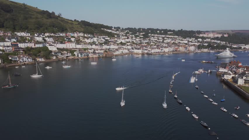 A drone view of the estuary of the River Dart, with the town of Dartmouth, south coast of Devon, southwest England, United Kingdom, Europe