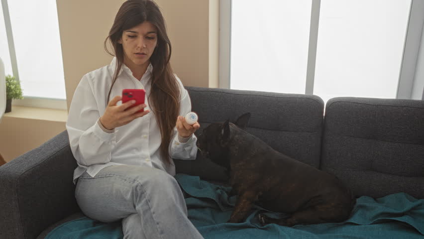 A young woman in a living room engaged with her phone while a bulldog interacts with her on the couch.