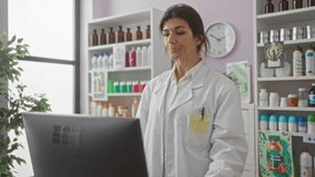 Young, brunette woman in a white lab coat doing a video call in a pharmacy with shelves of products behind her and a clock on the wall.