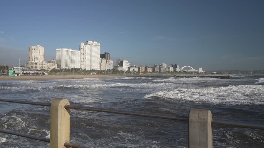 View of Indian Ocean, promenade and hotels from North Beach Pier in Durban during early morning, Durban, KwaZulu-Natal Province, South Africa, Africa
