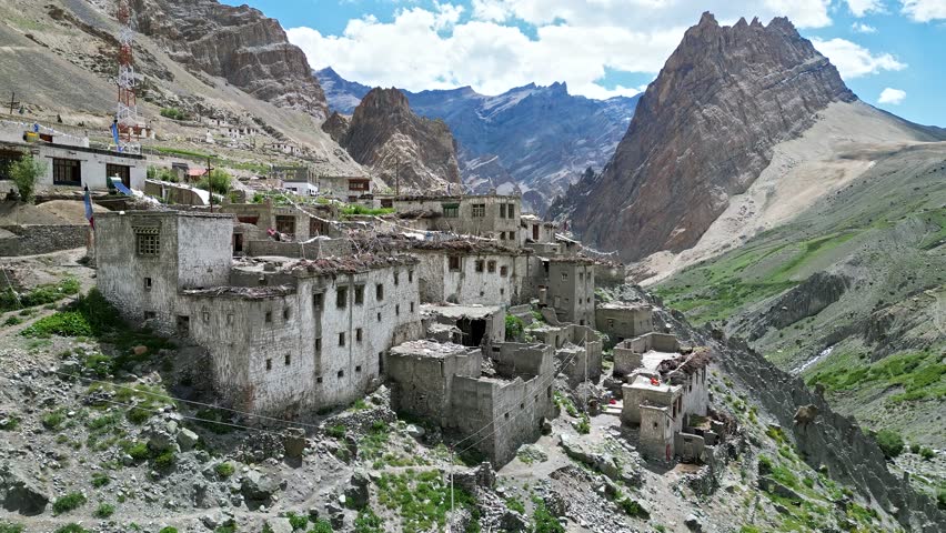 Aerial view of a Zanskar mountain village surrounded by Himalayas
