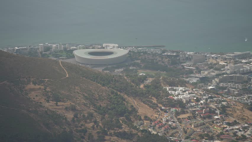 View of DHL Stadium and Cape Town Waterfront from Table Mountain, Cape Town, South Africa, Africa