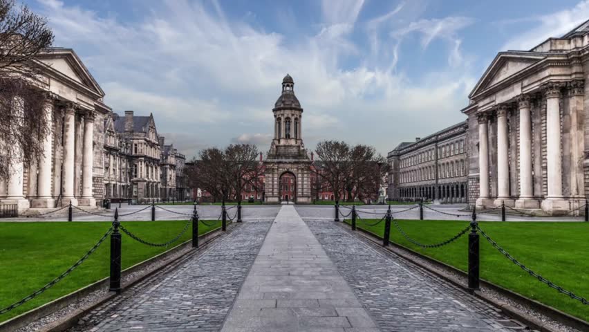 Front and panoramic view of Trinity College, Dublin or formally College of the Holy and Undivided Trinity of Queen Elizabeth near Dublin. Time lapse of Trinity College in Ireland in the British Isles