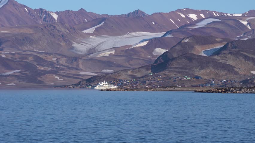 Greenland Coastline, Ship in Port of Ittoqqortoormiit Village on Sunny Day