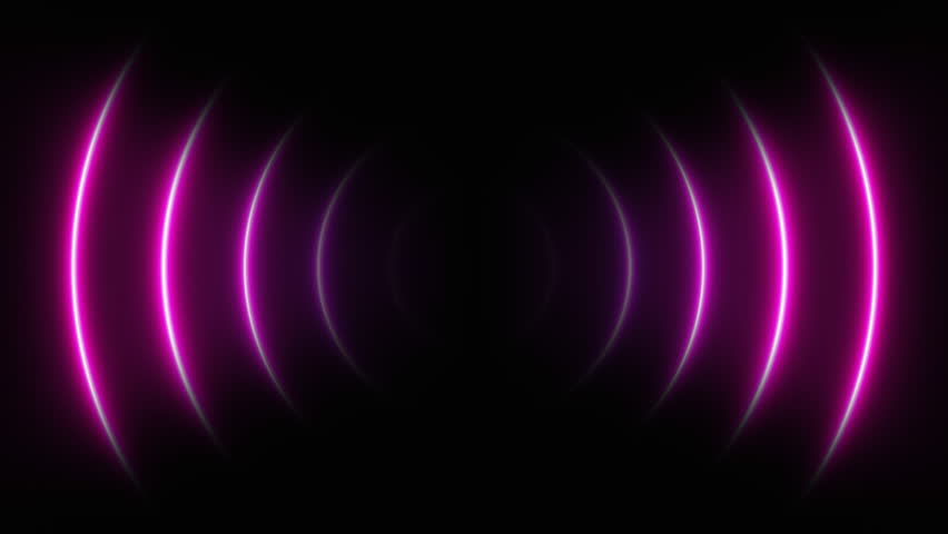 Abstract neon background of glowing sound waves visualization on black. Futuristic music waves or neon radar searching animation. Bright neon laser rays forming circles. Modern neon lights motion. 4k.