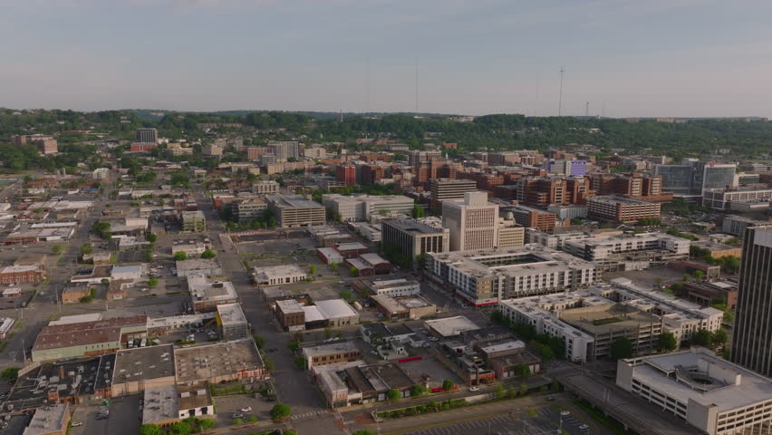 Breathtaking aerial view of downtown Birmingham, Alabama, American south, showcasing its urban architecture under a cloudy sky daytime