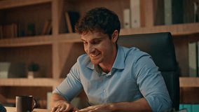 Successful programmer closing laptop satisfied online project late evening home close up. Happy businessman ending remote work at night. Smiling manager feeling success thinking at career growth. - Powered by Shutterstock - Get 15% off with code: PIKWIZARD15