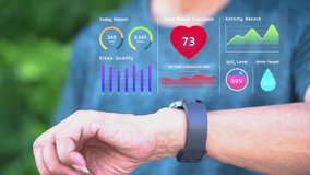 Senior man using AI smartwatch with futuristic hologram infographic display, hi-tech medical watch technology for diagnosis physical health condition, retire elderly doing exercise scanning heart rate - Powered by Shutterstock - Get 15% off with code: PIKWIZARD15