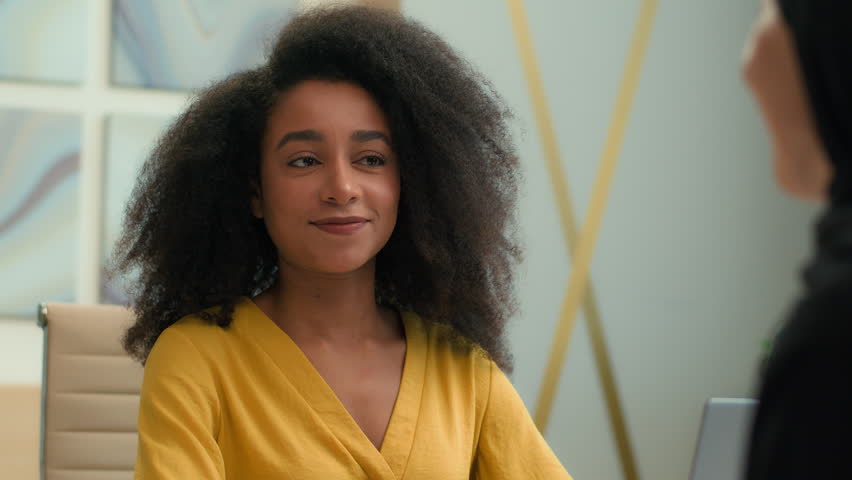 African American girl happy businesswoman employer hiring candidate human resources conclude deal agreement shake hands female business partners muslim woman handshake women partnership welcome greet