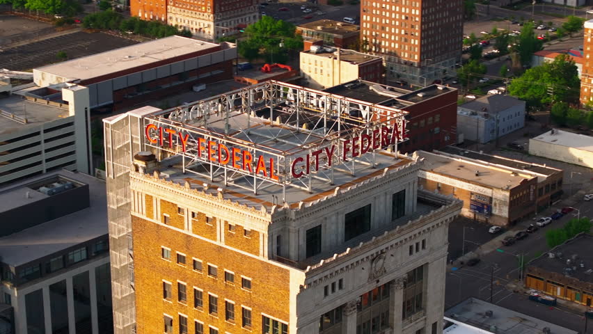 City Federal Building, Comer Building, sign in Birmingham, USA, from above. Classic art deco architecture in a sunny day