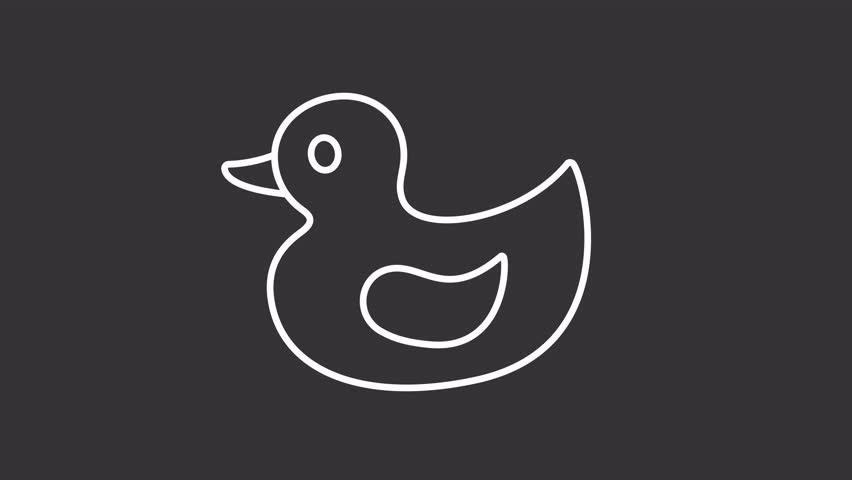 Animated rubber duck white icon. Bath toy line animation. Bird wing swings. Shower accessory, entertainment. Isolated illustration on dark background. Transition alpha video. Motion graphic