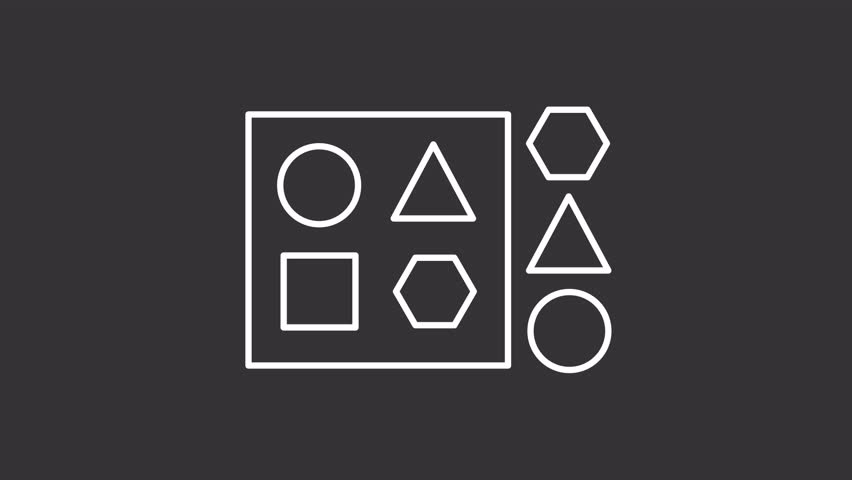 Animated shape sorter toy white icon. Kids educational blocks line animation. Geometrical figures moving. Isolated illustration on dark background. Transition alpha video. Motion graphic