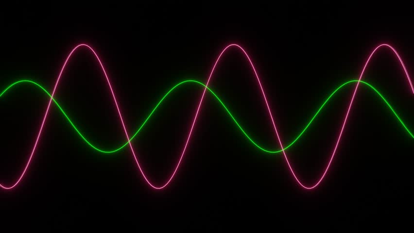 Two sine waves moving from left to right. The sine waves are green and pink. Mathematical sine curve, oscillator, science and technology concept. 3D animation