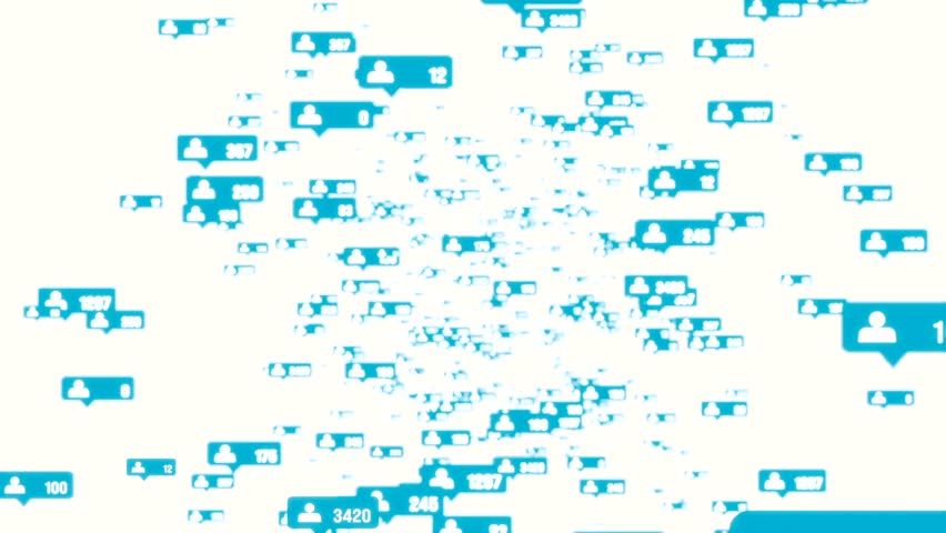 Blue social media symbols of followers flying backward. Falling numbers of likes, comments and shares. Followers dislike the post, negative emotions.