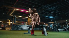 Muscular bodybuilder engages in a focused overhead dumbbell press during an intense workout session at the gym. Fitness, strength, and dedication are highlighted in this powerful moment. - Powered by Shutterstock - Get 15% off with code: PIKWIZARD15