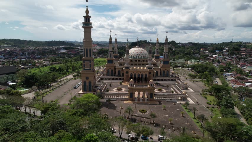 Aerial view of drone orbiting over Samarinda Grand Mosque